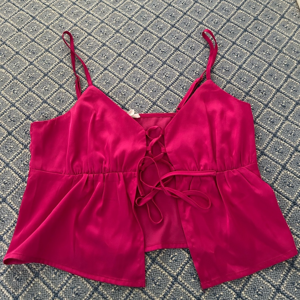 Garage Fuchsia Satin Lace-Up Cami